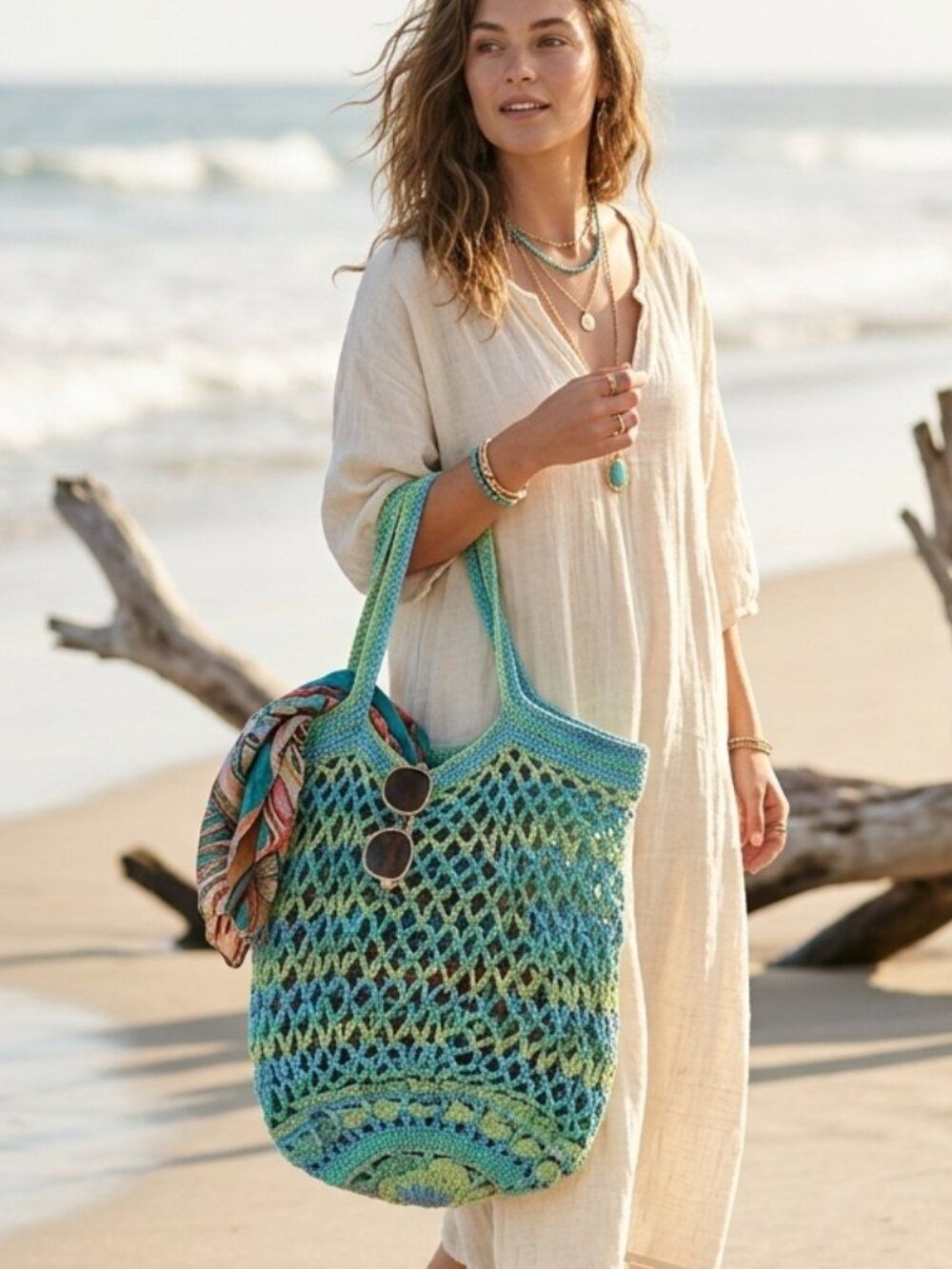 Handcrafted Open Weave Beach Tote Bag Variegated Aqua Blue Market Basket